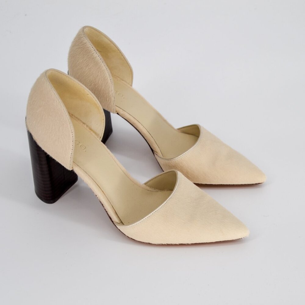 Vince Prim D'Orsay Calf Hair Pointed Toe Pump Cream Stacked Block Heel Size 7 - Picture 2 of 7